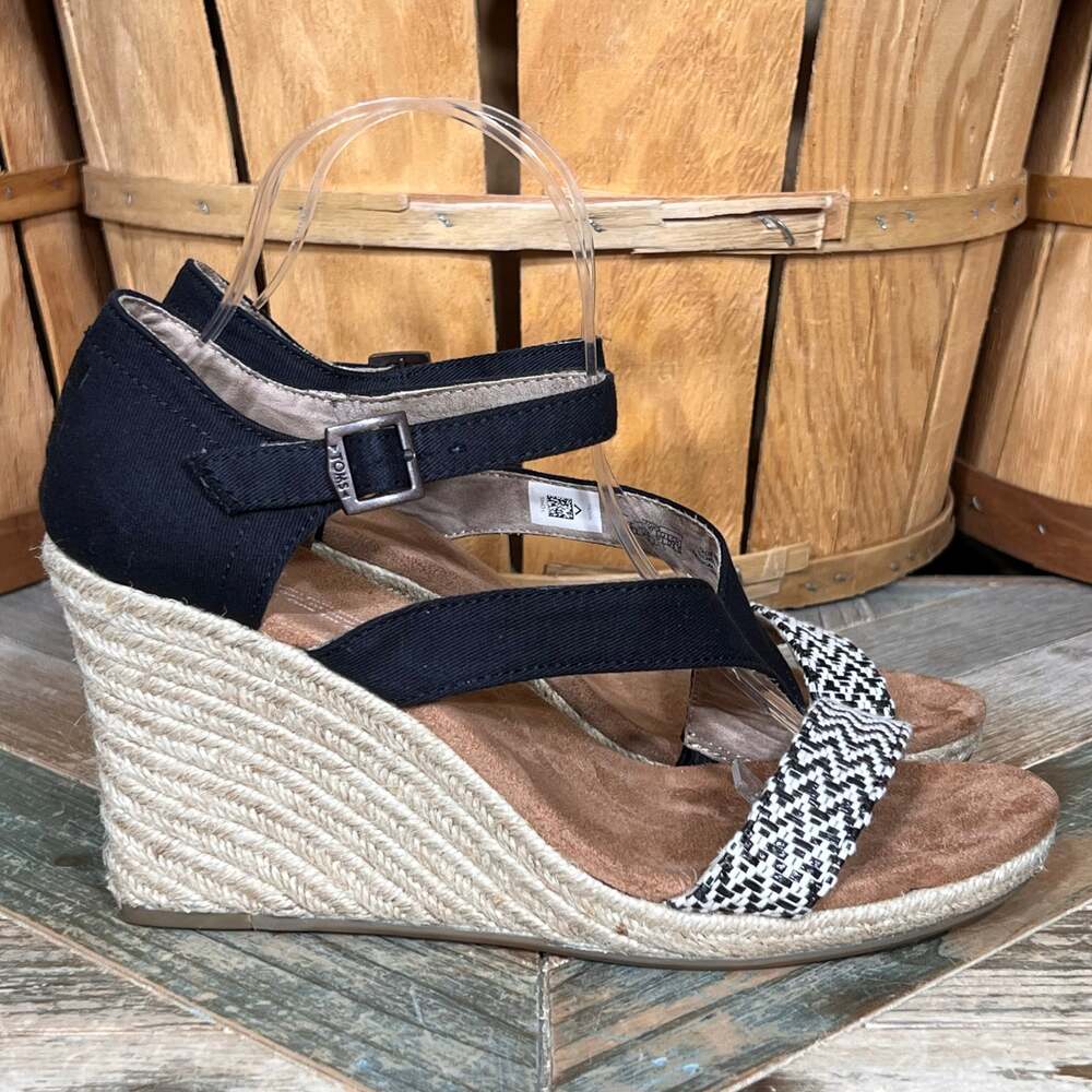 Toms Clarissa Wedge Black White Textile Canvas Grass Wedge Sandal Women Size 9.5